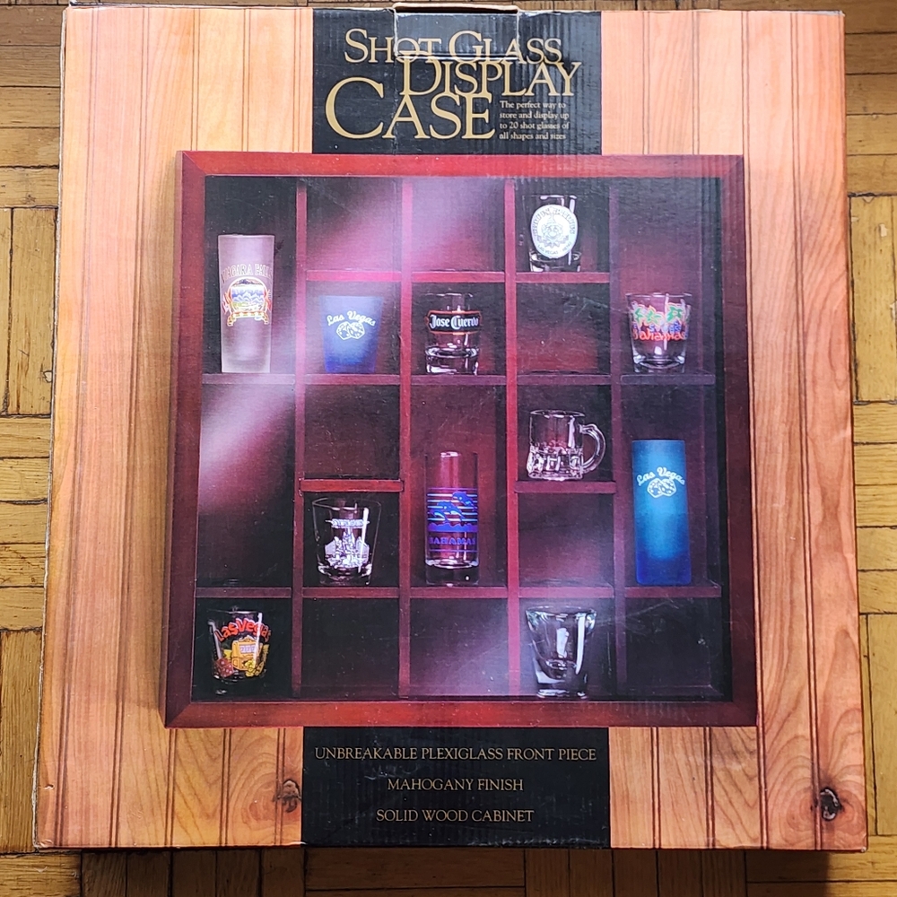 Mahogany Finish Shot Glass Display Case Holds 20